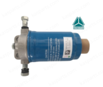 A professional studio photograph of a CNHTC Sinotruk fuel filter assembly (Filtre à gasoil), part number WG9412551201. The unit consists of a cylindrical blue filter canister mounted to a cast aluminum filter head with integrated inlet/outlet ports and hollow mounting bolts. A white technical label features a barcode, QR code, and "Caution" instructions in English. The image includes the teal CNHTC logo in the top right and a "kasparts.com" watermark throughout the white background.