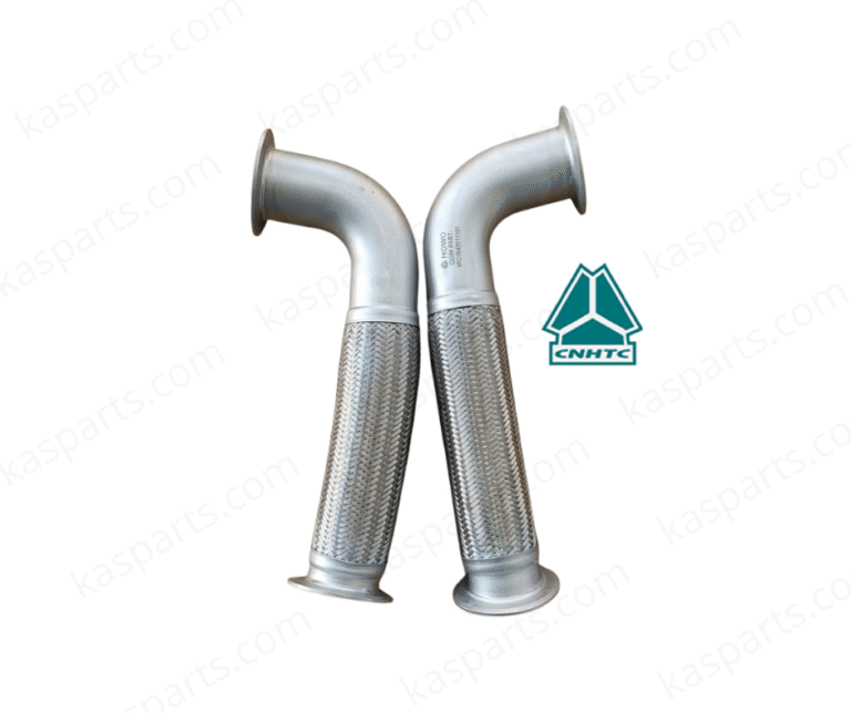 A professional product photograph showcasing a pair of CNHTC Sinotruk exhaust flexible pipes (Flexible d'Échappement), part number WG97255490682. The components feature a high-grade stainless steel braided section for flexibility, connected to smooth, curved rigid metal pipes with flanged ends. The right pipe displays a clear "HOWO" manufacturer stamp with technical serial numbers. The image is presented on a clean white background with the teal CNHTC logo and a "kasparts.com" watermark.