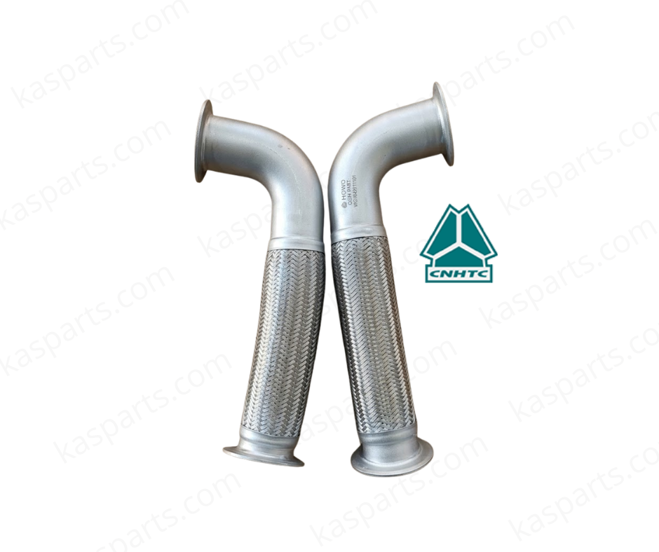 Flexible d'Échappement Howo WG97255490682 A professional product photograph showcasing a pair of CNHTC Sinotruk exhaust flexible pipes (Flexible d'Échappement), part number WG97255490682. The components feature a high-grade stainless steel braided section for flexibility, connected to smooth, curved rigid metal pipes with flanged ends. The right pipe displays a clear "HOWO" manufacturer stamp with technical serial numbers. The image is presented on a clean white background with the teal CNHTC logo and a "kasparts.com" watermark.