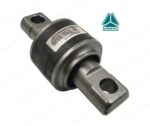 A professional product image of a CNHTC Sinotruk torque rod silentbloc (Silentbloc de Tendeur), part number AZ9631521177. The component features a central cylindrical assembly with a thick black rubber core for vibration isolation, housed in a durable steel casing. Two machined metal ends with circular mounting holes extend from the center. A white product label with a barcode and technical serial numbers is affixed to the rubber body. The image is set against a clean white background with "kasparts.com" watermarks and the CNHTC logo.