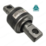 A professional product image of a CNHTC Sinotruk torque rod silentbloc (Silentbloc de Tendeur), part number AZ9631521177. The component features a central cylindrical assembly with a thick black rubber core for vibration isolation, housed in a durable steel casing. Two machined metal ends with circular mounting holes extend from the center. A white product label with a barcode and technical serial numbers is affixed to the rubber body. The image is set against a clean white background with "kasparts.com" watermarks and the CNHTC logo.