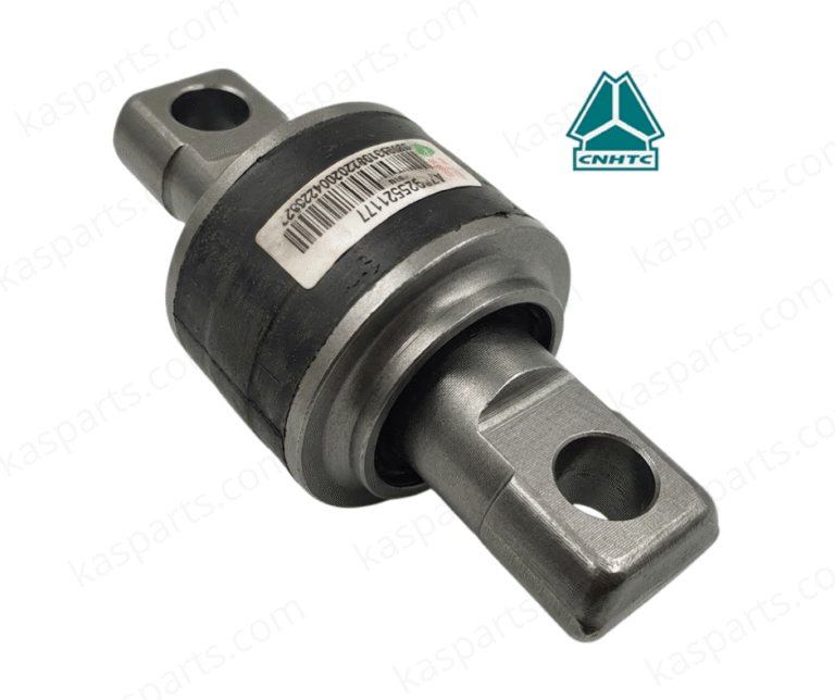 A professional product image of a CNHTC Sinotruk torque rod silentbloc (Silentbloc de Tendeur), part number AZ9631521177. The component features a central cylindrical assembly with a thick black rubber core for vibration isolation, housed in a durable steel casing. Two machined metal ends with circular mounting holes extend from the center. A white product label with a barcode and technical serial numbers is affixed to the rubber body. The image is set against a clean white background with "kasparts.com" watermarks and the CNHTC logo.