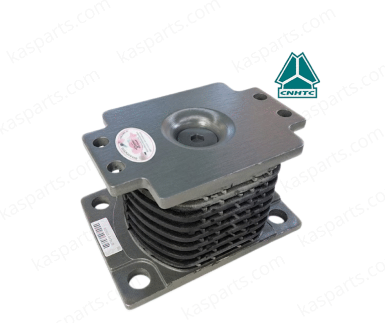 A high-quality studio shot of a heavy-duty CNHTC Sinotruk leaf spring rubber buffer (Tampon de Lame), part number AZ9725520278. The component features a multi-layered black rubber core sandwiched between two durable grey metal mounting plates. The top plate includes a central recessed hex bolt and four mounting holes, while the bottom plate mirrors the mounting configuration. The image is watermarked with "kasparts.com" and includes the official CNHTC logo in the upper right corner.